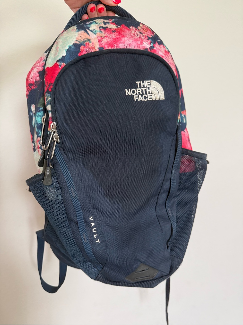The North Face Navy Backpack with Pink Floral Top